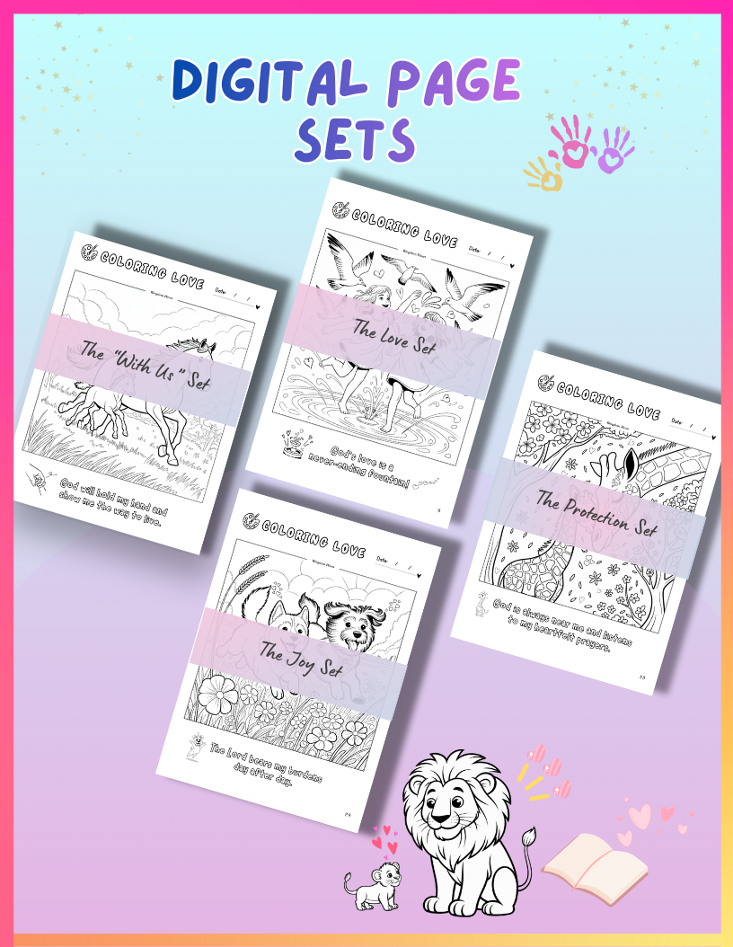 Set of digital page sets of downloadable coloring pages with a purple background and a cartoon lions, horses, two young girls, fountain, giraffes, and two dogs. 