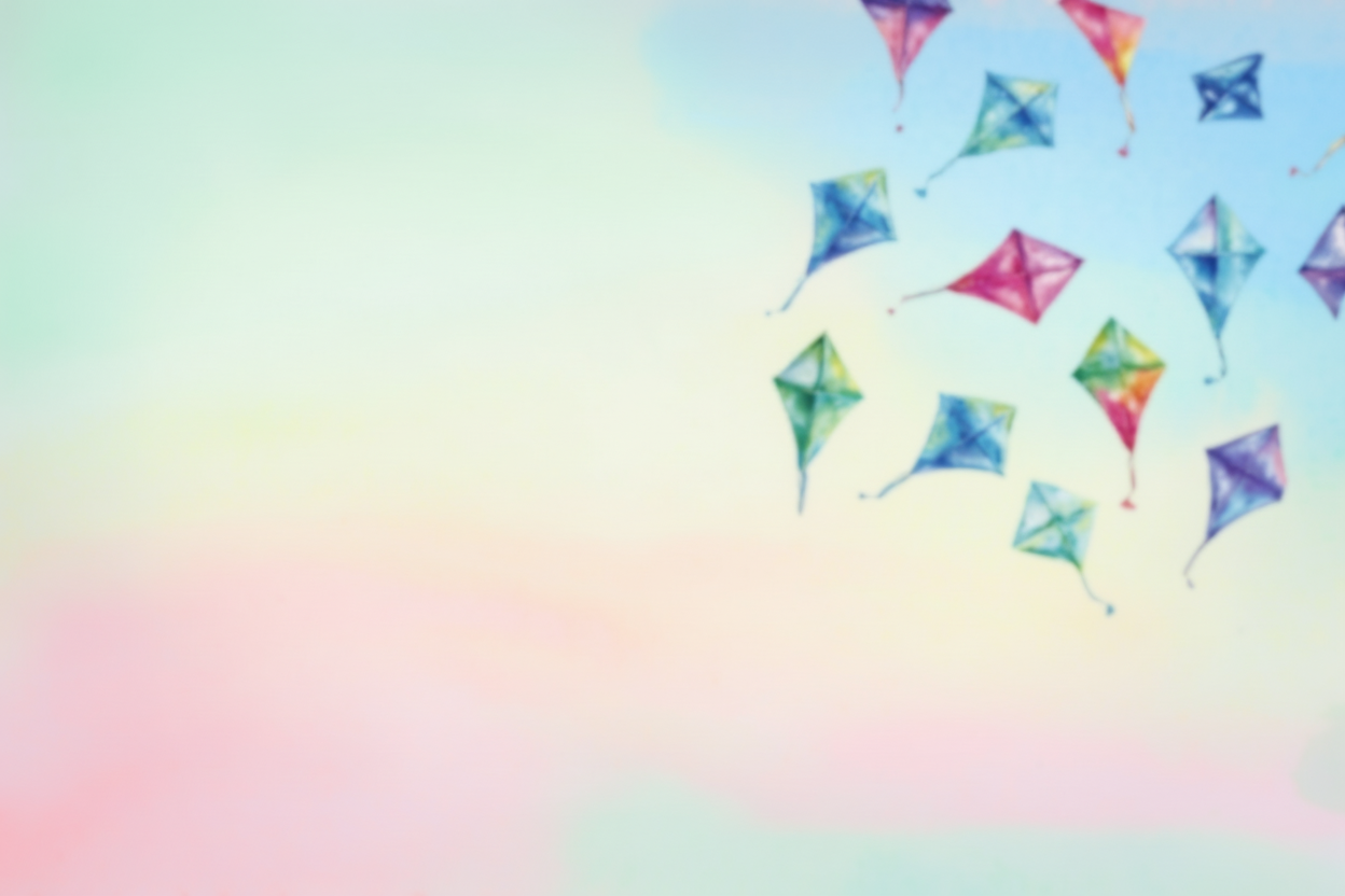 Colorful kite illustrations on a gradient background. Calming Time community and care, support needy families, create coloring community for christian faith