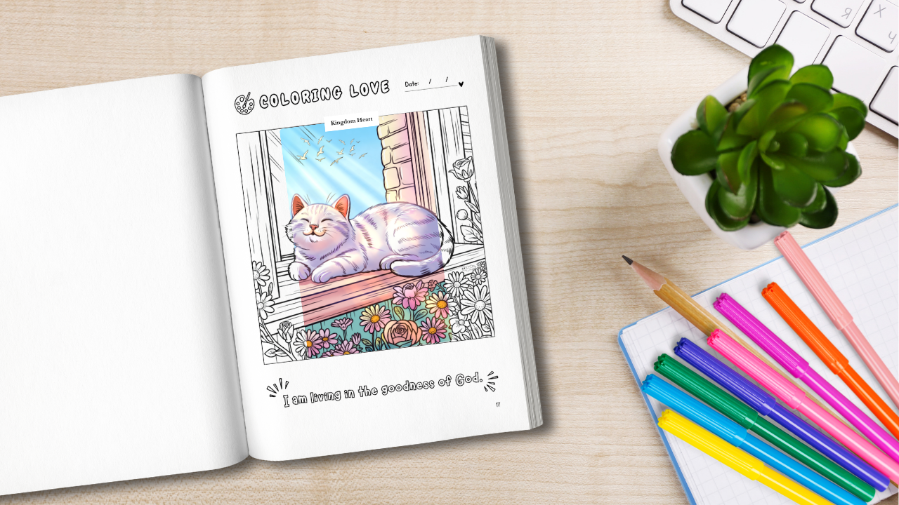 Devotional Coloring Book kids free sample pages with a cat illustration, surrounded by colored pencils and a small plant on a wooden surface, for stress relief and emotion management