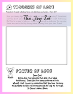 Sheet of paper with prayer and coloring activity for the Joy set.
