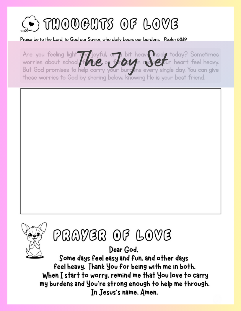 Sheet of paper with prayer and coloring activity for the Joy set.