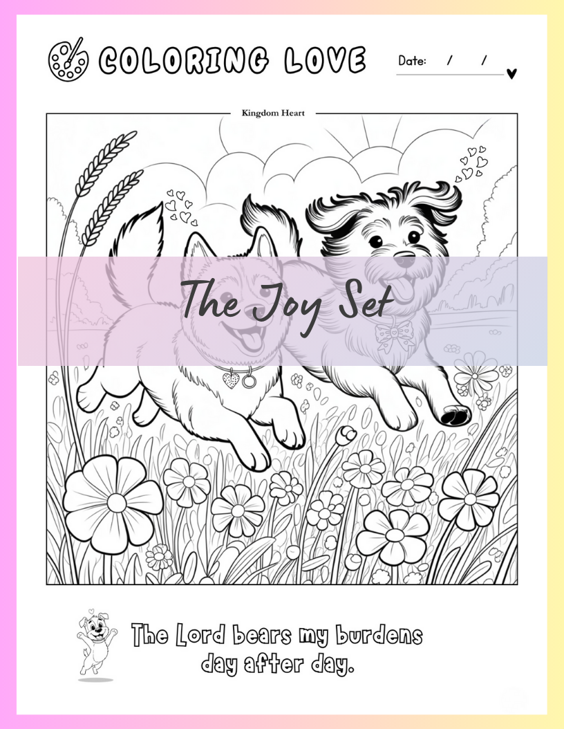 Coloring book page with two dogs lying on grass and flowers, titled 'The Joy Set'.