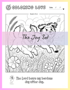 Coloring book page with two dogs lying on grass and flowers, titled 'The Joy Set'.