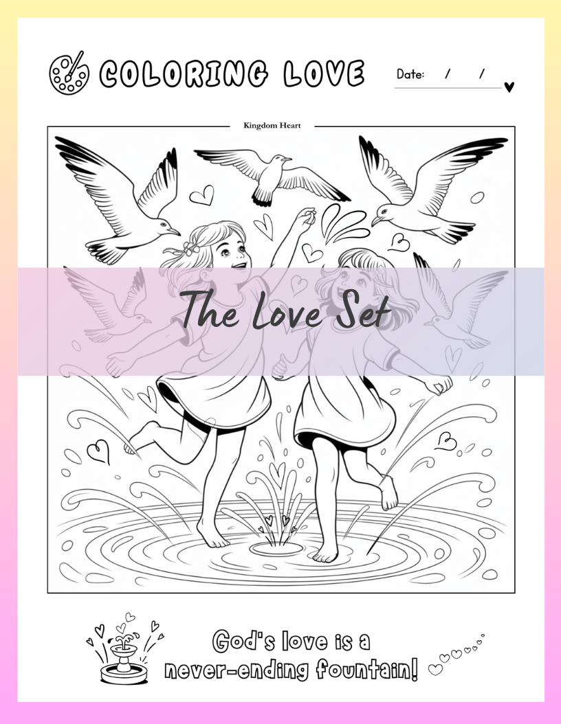 devotional Coloring digital page with two girls by a fountain and seagull, titled 'The Love Set'.