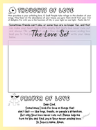 Sheet of paper with prayer and coloring activity for the Love set.