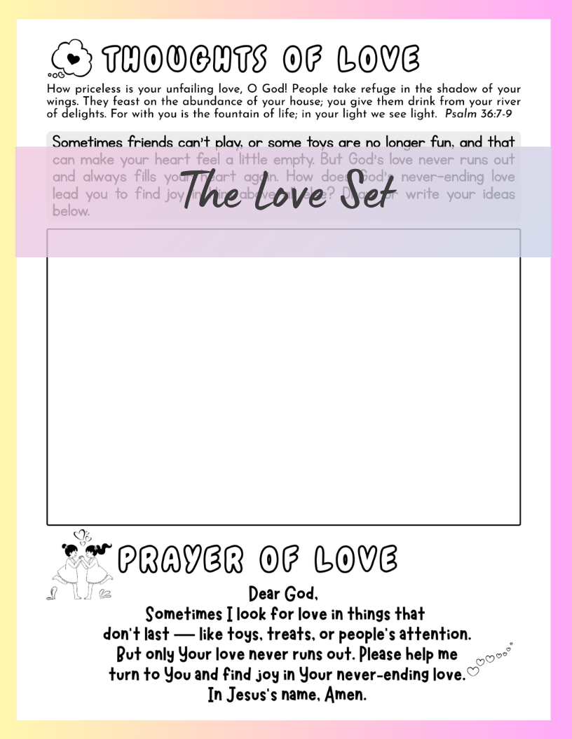 Sheet of paper with prayer and coloring activity for the Love set.