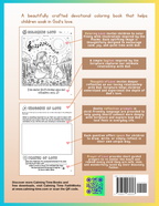 Back cover of a devotional coloring book with text and illustrations, featuring a QR code and website information.