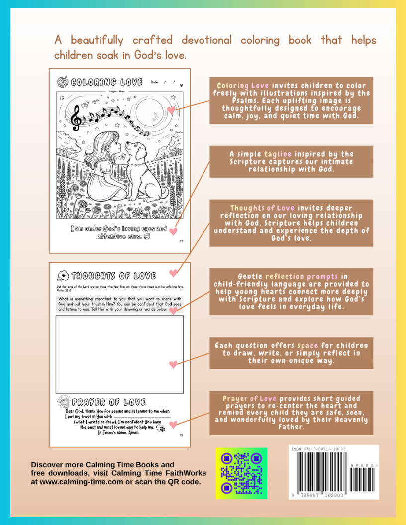 Back cover of a devotional coloring book with text and illustrations, featuring a QR code and website information.