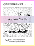 devotional Coloring activity digital page with chicken and chicks design, titled 'The Protection Set'