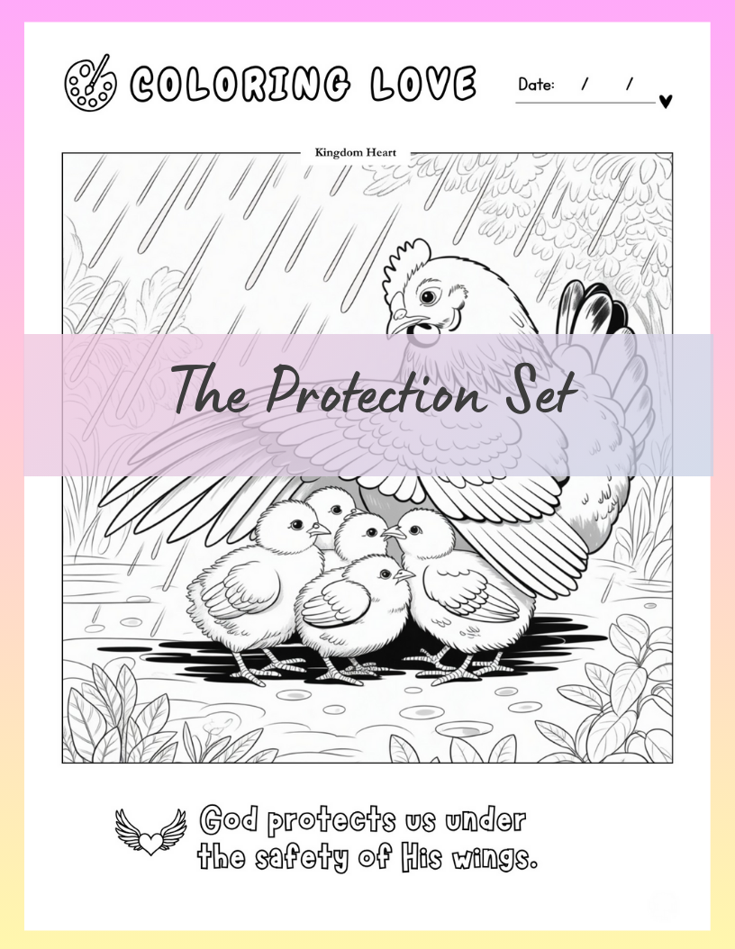 devotional Coloring activity digital page with chicken and chicks design, titled 'The Protection Set'