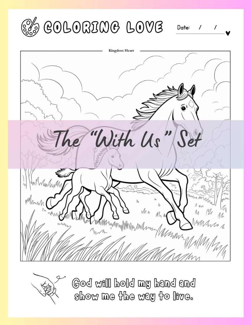 devotional Coloring activity digital page with two horses, titled 'The With Us Set'
