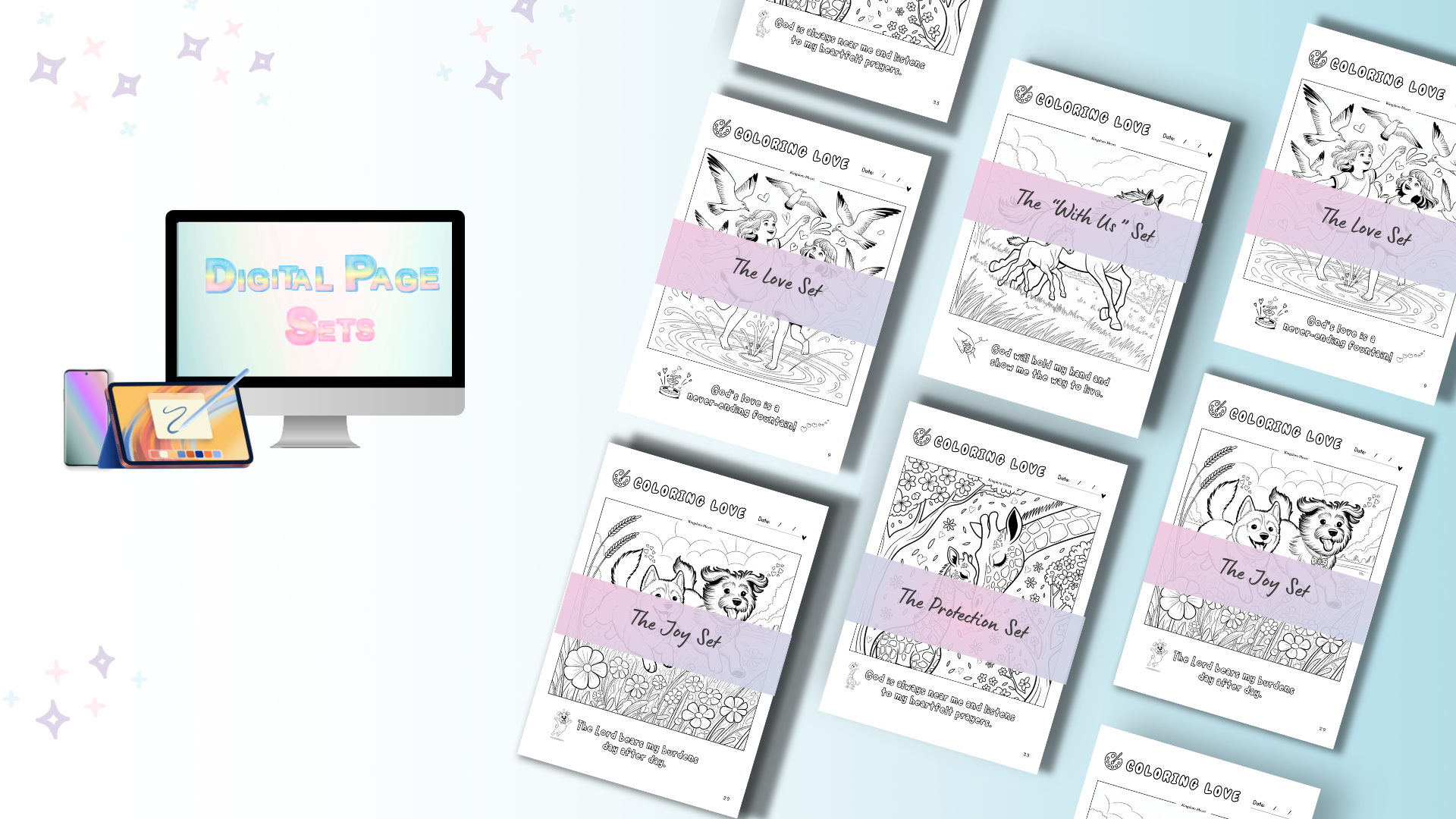 Calming Time for kids Soaking in Love Devotional Coloring digital pages for kids  - the love set, the with us set, the joy set, the protection set